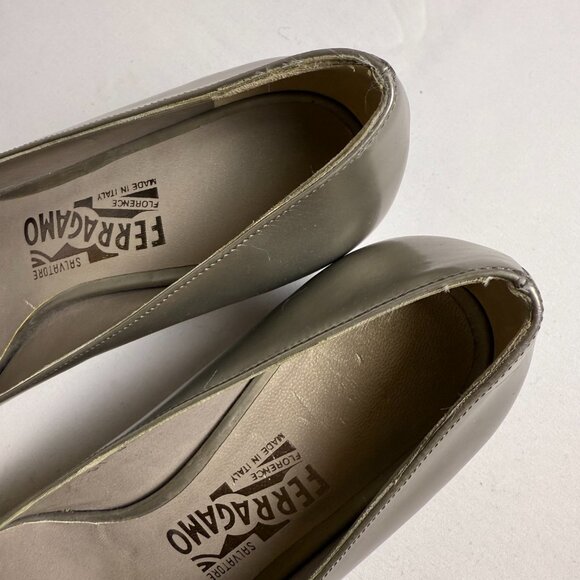 Ferragamo | Size 8 | Metallic Grey (Gunmetal) Megan Block Heeled Pumps - Picture 8 of 12